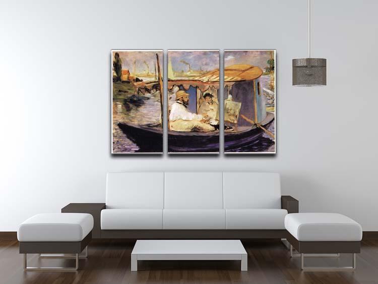 Three-panel canvas art featuring Claude Monet's Dans Son Bateau Atelier 1874, showcasing vibrant colors and intricate details.